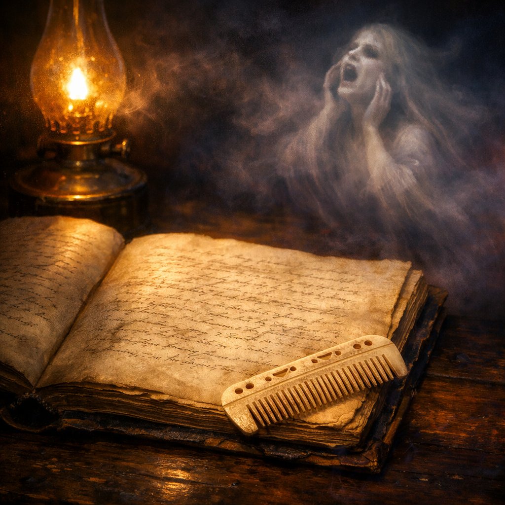 Open nineteenth-century Irish folklore manuscript under oil lamp with a faint translucent keening-woman figure and a bone comb at one corner, painterly chiaroscuro.