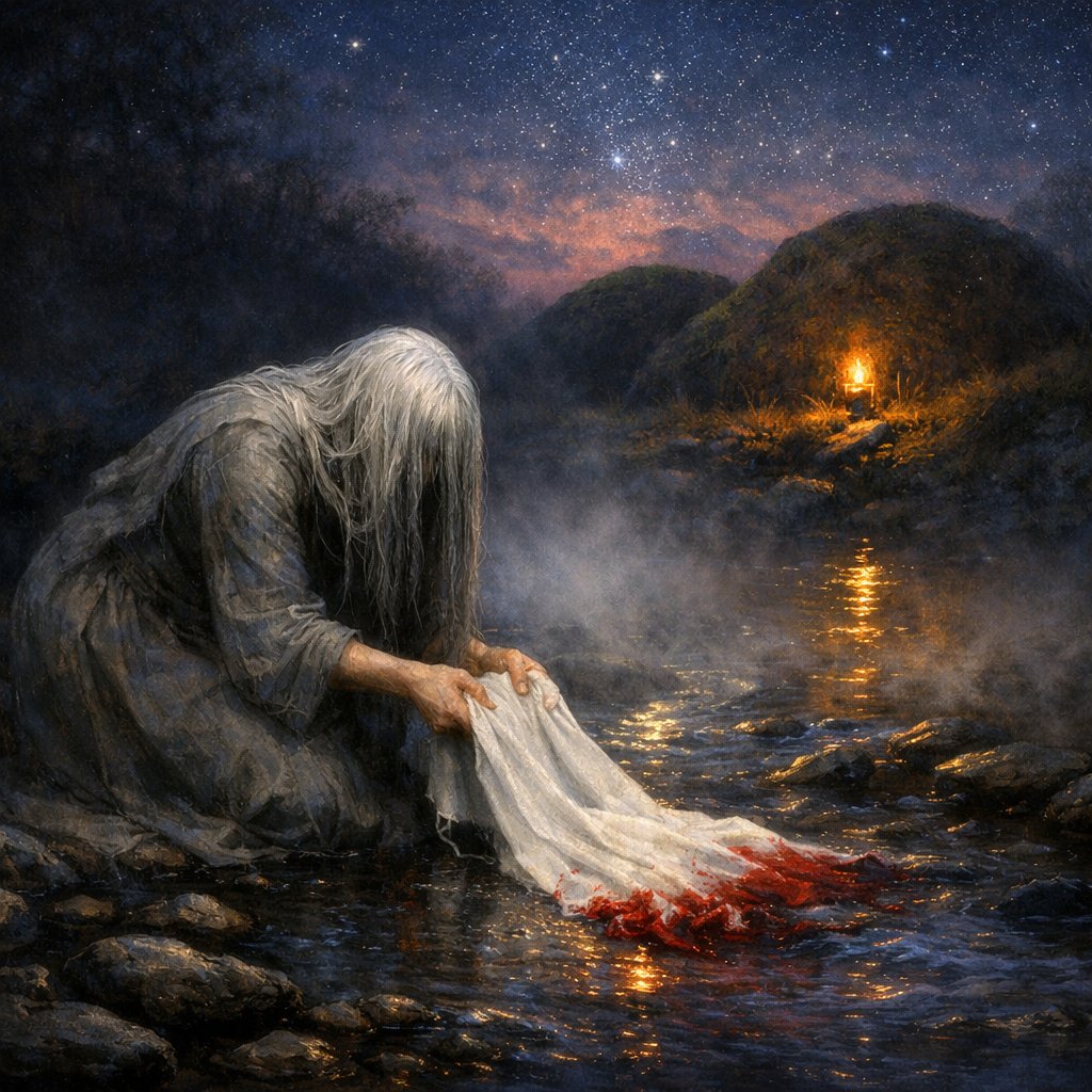 Pale kneeling figure in grey winding-sheet rinsing a white linen shirt with crimson hem in a moonlit Irish stream beneath the silhouetted mounds of the Sidhe, painterly chiaroscuro.