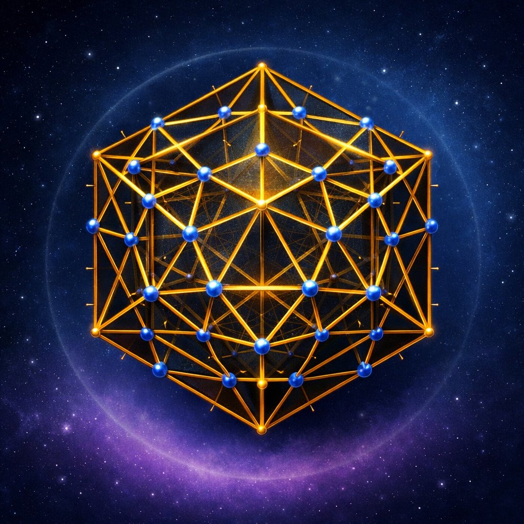Icosahedron-dodecahedron compound polyhedron showing 62 vertices in gold wireframe against a deep blue field