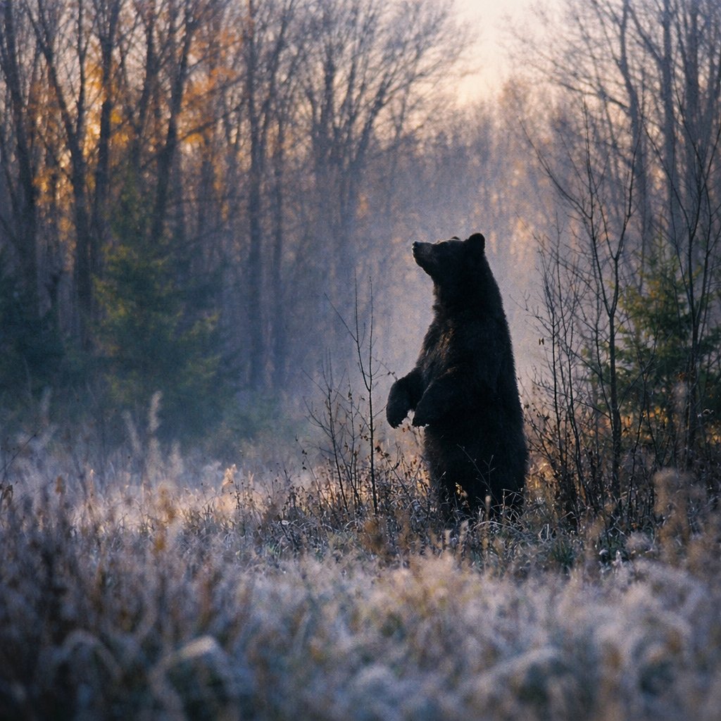 Black bear standing upright at the edge of a leaf-off southwestern Ontario forest at first light illustrating the leading naturalistic misidentification for tall bipedal cryptid sightings