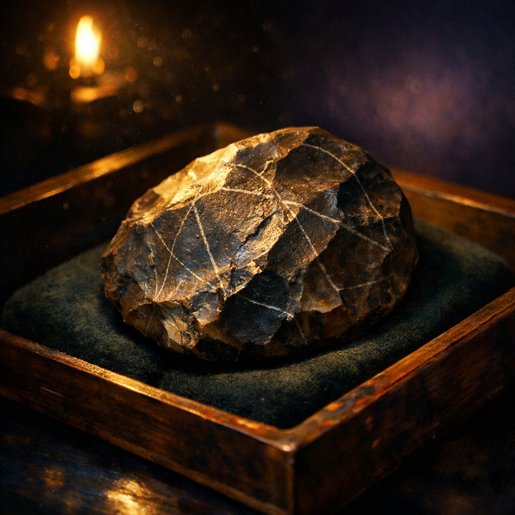 Annotated close-up of a centripetally prepared Levallois-family stone core showing flake-scar pattern and tortoise-back dorsal surface.