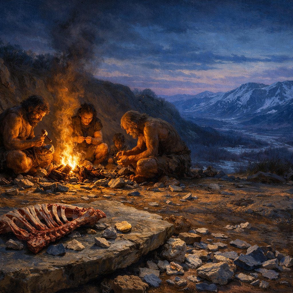 Wide ice-age landscape with a small group of archaic Homo figures knapping stone tools by firelight on a loess terrace at glacial twilight.