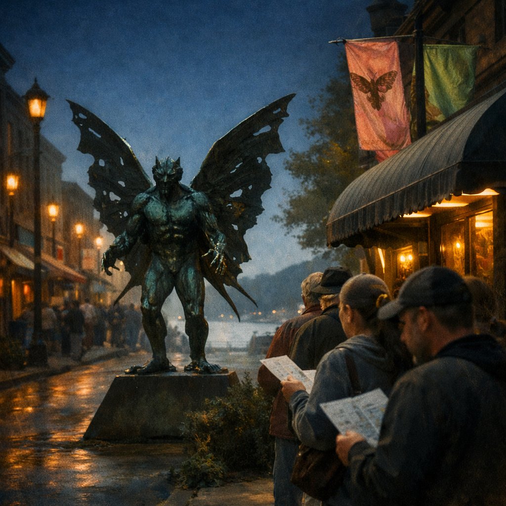 Bronze Mothman statue on Point Pleasant's Main Street at festival weekend morning, museum storefront and visitor line softly lit behind