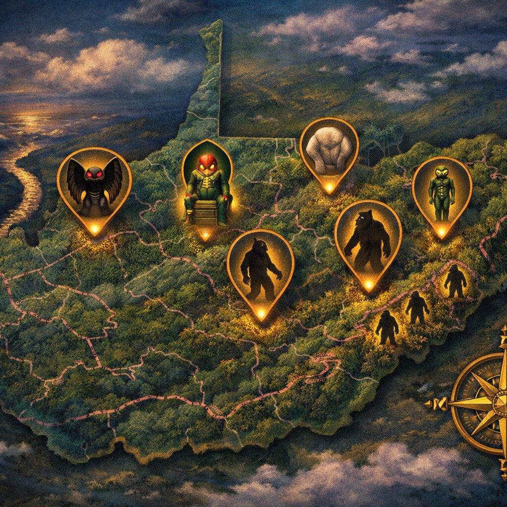 Stylized regional tourism map of West Virginia at twilight with five cryptid landmarks pinned across Appalachian counties