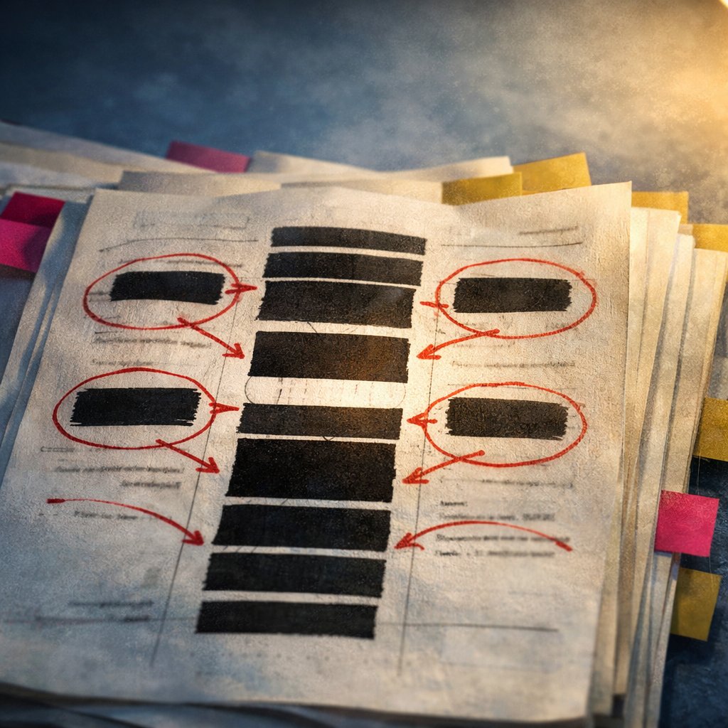 Close-up of a declassified PURSUE PDF with large black redaction bars across kinematic-data columns, researcher's red margin annotations and color-coded sticky tabs marking gaps.
