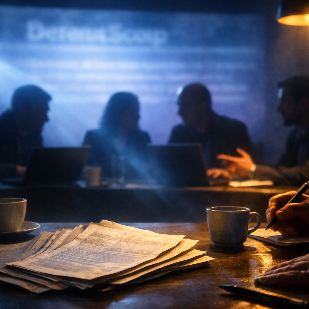 Four UAP research analysts mid-discussion at an evening panel table, the May 14 DefenseScoop article projected on a far wall, printed PURSUE pages fanned across the foreground.