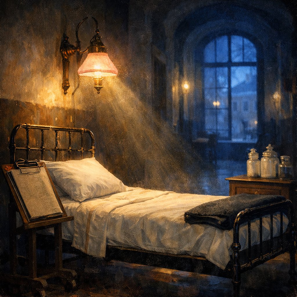 Empty iron-frame hospital bed in a Vienna 1917 neurological ward at twilight, brass lamp and case-note stand beside it under cool blue window light.