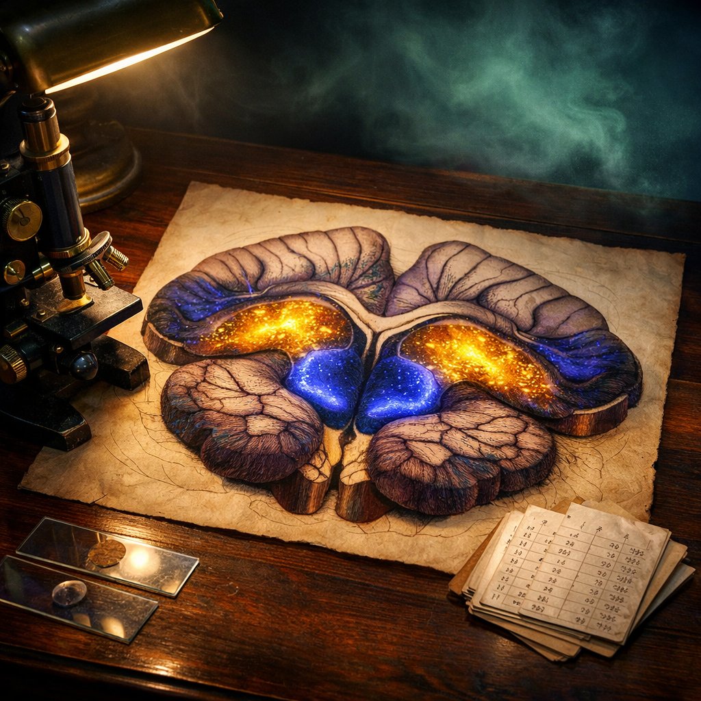 Anatomical cross-section diagram of the midbrain with substantia nigra and basal ganglia softly highlighted, on a dark wooden lab bench beside a brass microscope.