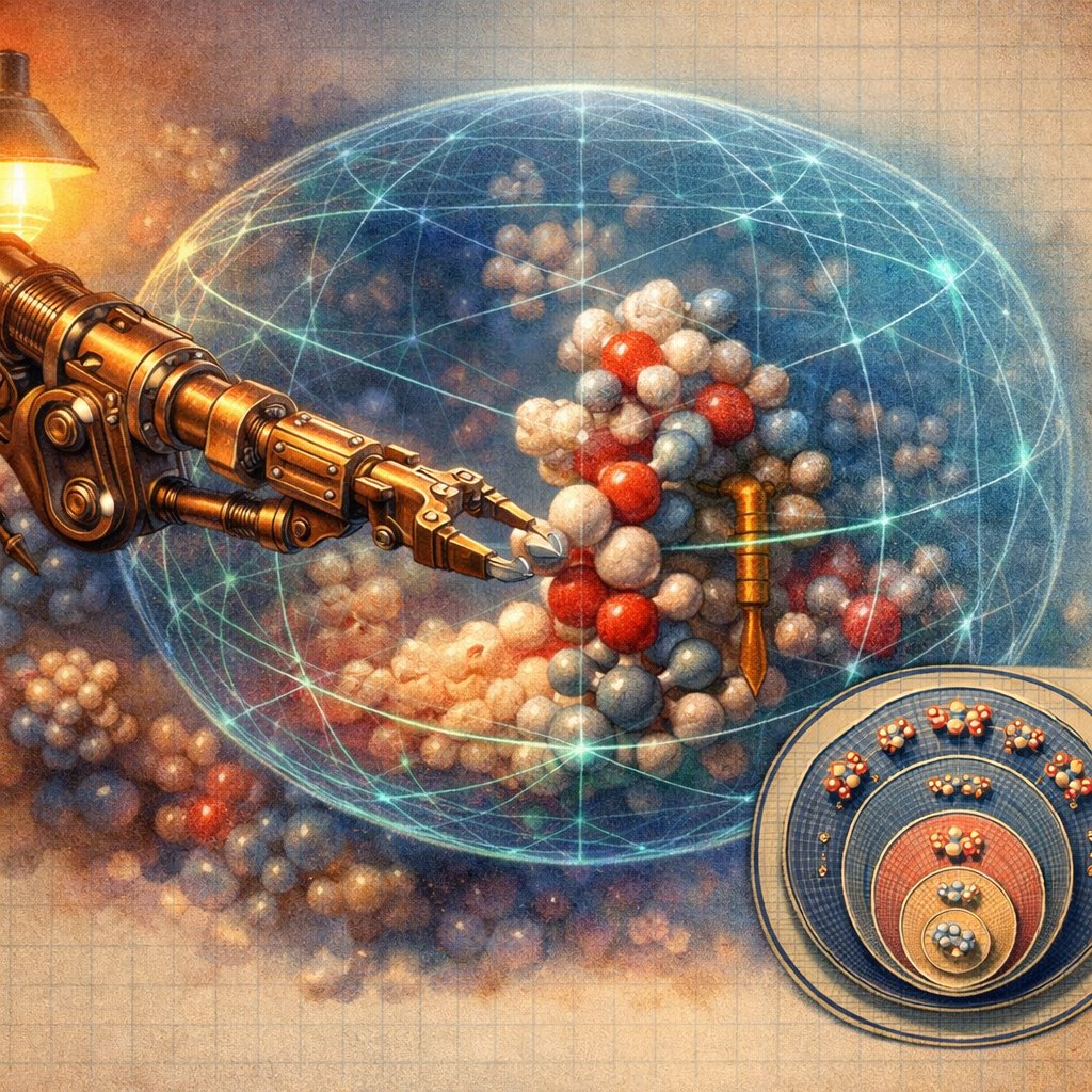 Stylized cutaway illustration of a 1986-era molecular assembler concept with manipulator arm approaching a binding site and a doubling-cycle inset schematic on archival background