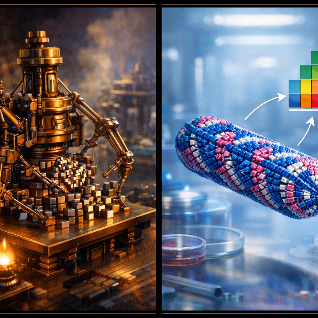 Side-by-side diptych comparing a 1986 Drexlerian autonomous molecular assembler with a 2024 DNA-origami nanomedicine device against a clinical regulatory backdrop