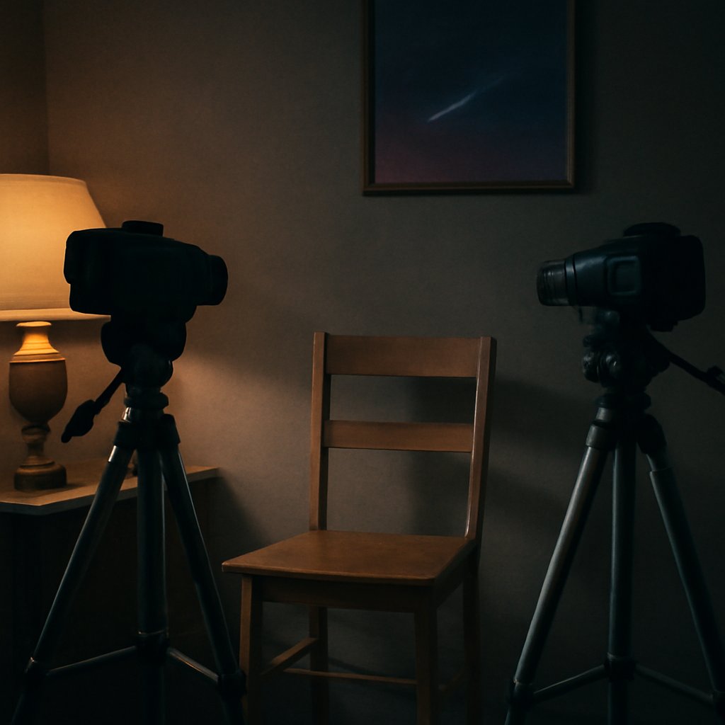 Two video camcorders on tripods facing an empty chair in a quiet 1997 workroom, a folded purple cloth and a single pill bottle on a side table, lit by a warm practical lamp.