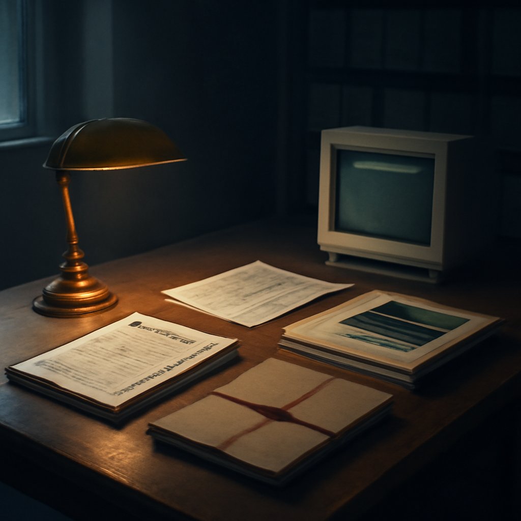 An open 1997 sheriff's incident binder on a long oak archival table beside a stack of FBI report pages and a glowing 1990s CRT monitor, lit by a warm banker's lamp.