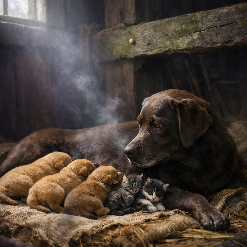Interspecies Adoption: Dog Nursing Kittens