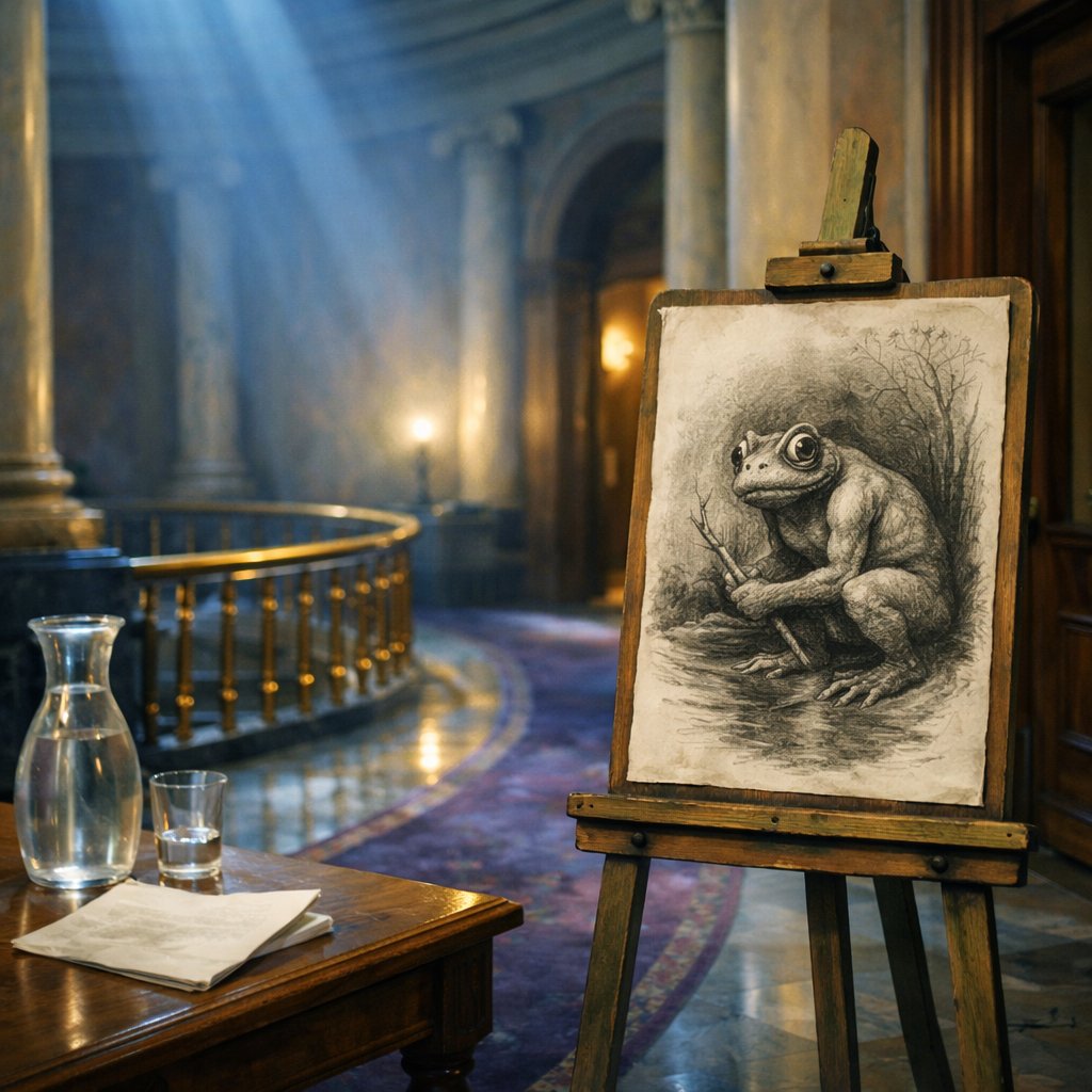 Ohio Statehouse rotunda corridor with a witness-style naturalist sketch of the Loveland Frogman on an easel beside a committee-room doorway.