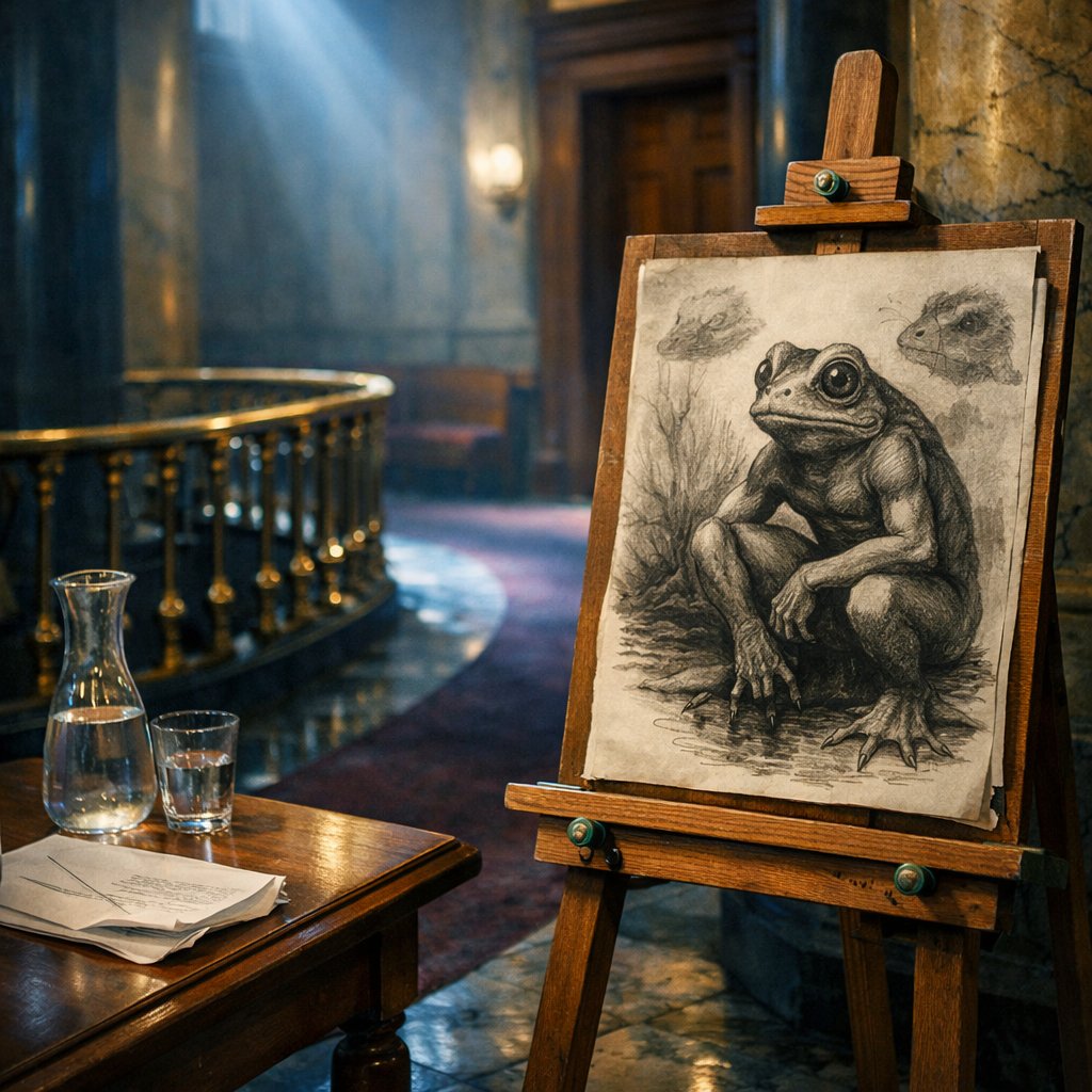 Ohio Statehouse rotunda corridor with a witness-style naturalist sketch of the Loveland Frogman on an easel beside a committee-room doorway.