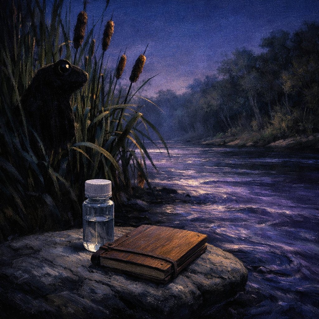 Little Miami River bank at dusk with an anthropomorphic frog silhouette suggested in cattails and an eDNA collection bottle in the foreground.