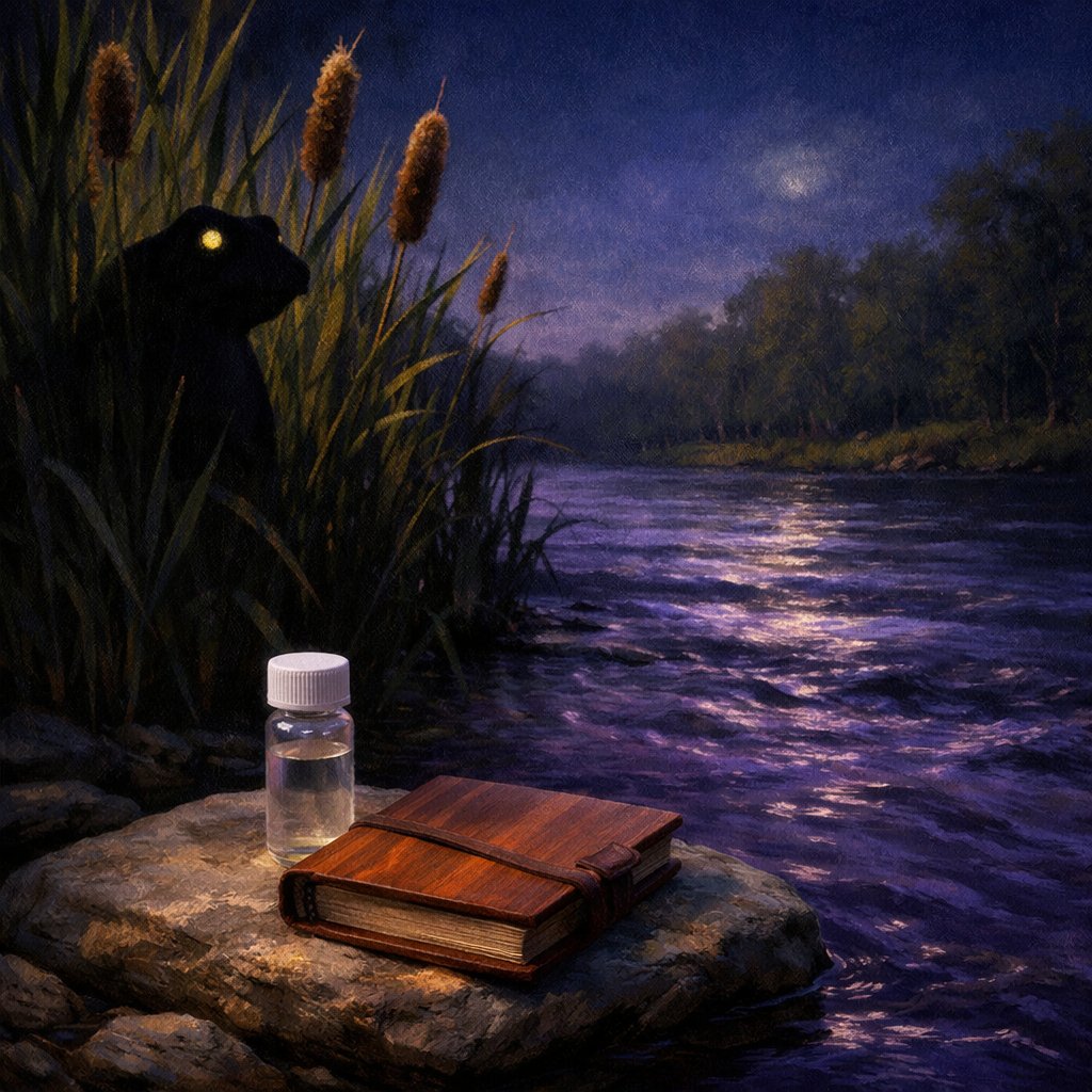 Little Miami River bank at dusk with an anthropomorphic frog silhouette suggested in cattails and an eDNA collection bottle in the foreground.