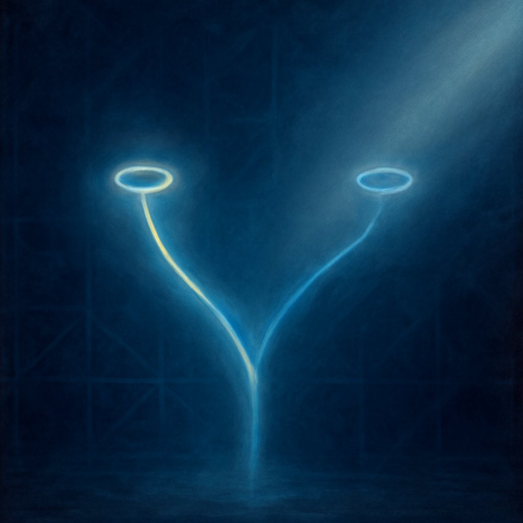 Visualization of unequal Born-rule branch weights in the Many-Worlds Interpretation, with one branch rendered brighter to represent a higher squared-amplitude probability.
