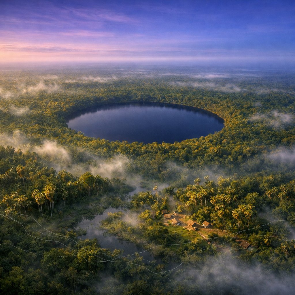 Aerial view of the Likouala-aux-Herbes swamp forest with Lac Tele visible as a small dark circular lake amid vast green canopy under dawn light