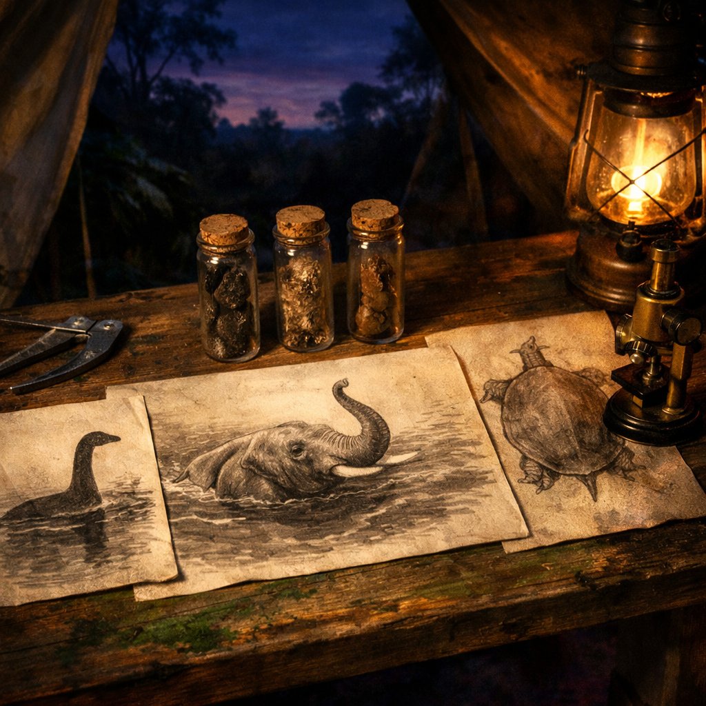 Wooden field-laboratory table at twilight with anatomical sketches of an African forest elephant, a long-necked silhouette, and a softshell turtle alongside specimen vials and a field microscope