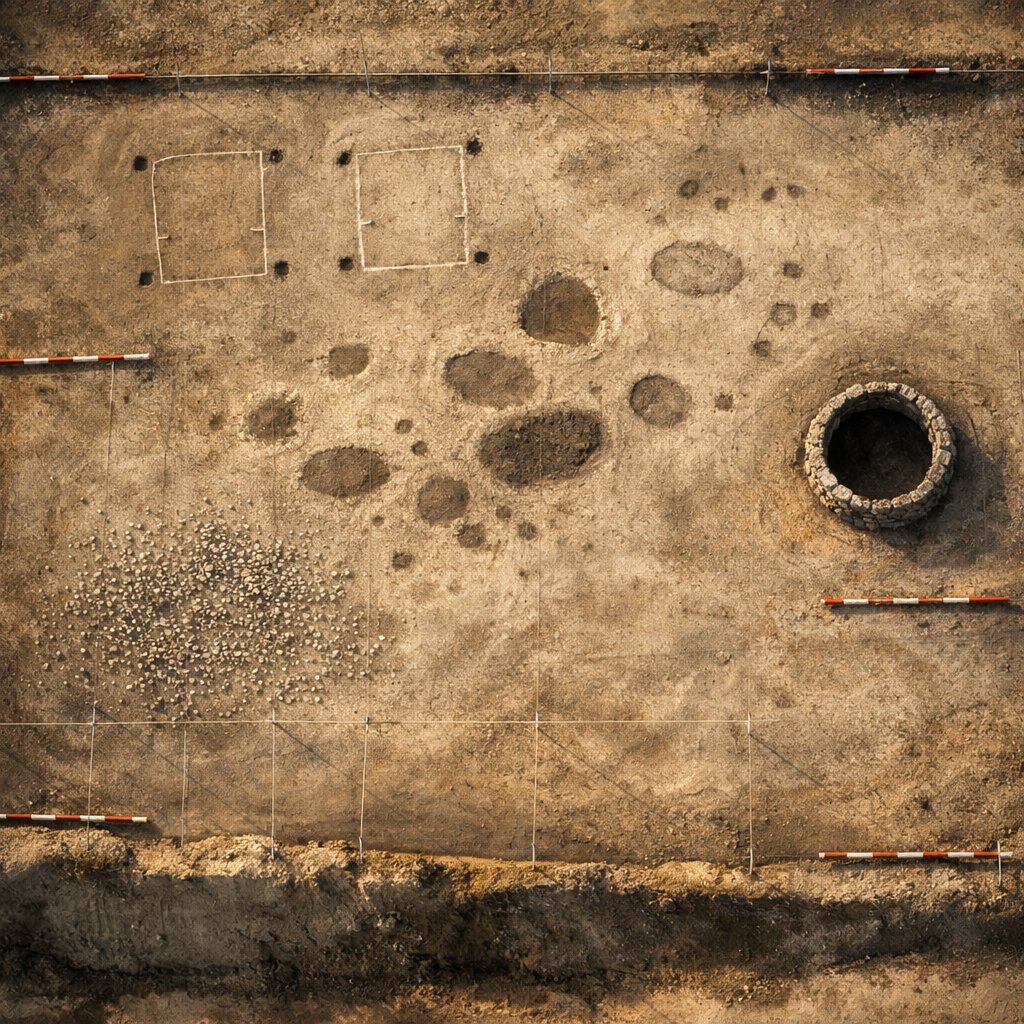 Overhead photogrammetric plan of the five A46 Newark Bypass excavation fields showing Roman well, Anglo-Saxon house footprints, and Mesolithic flint-scatter feature scars.