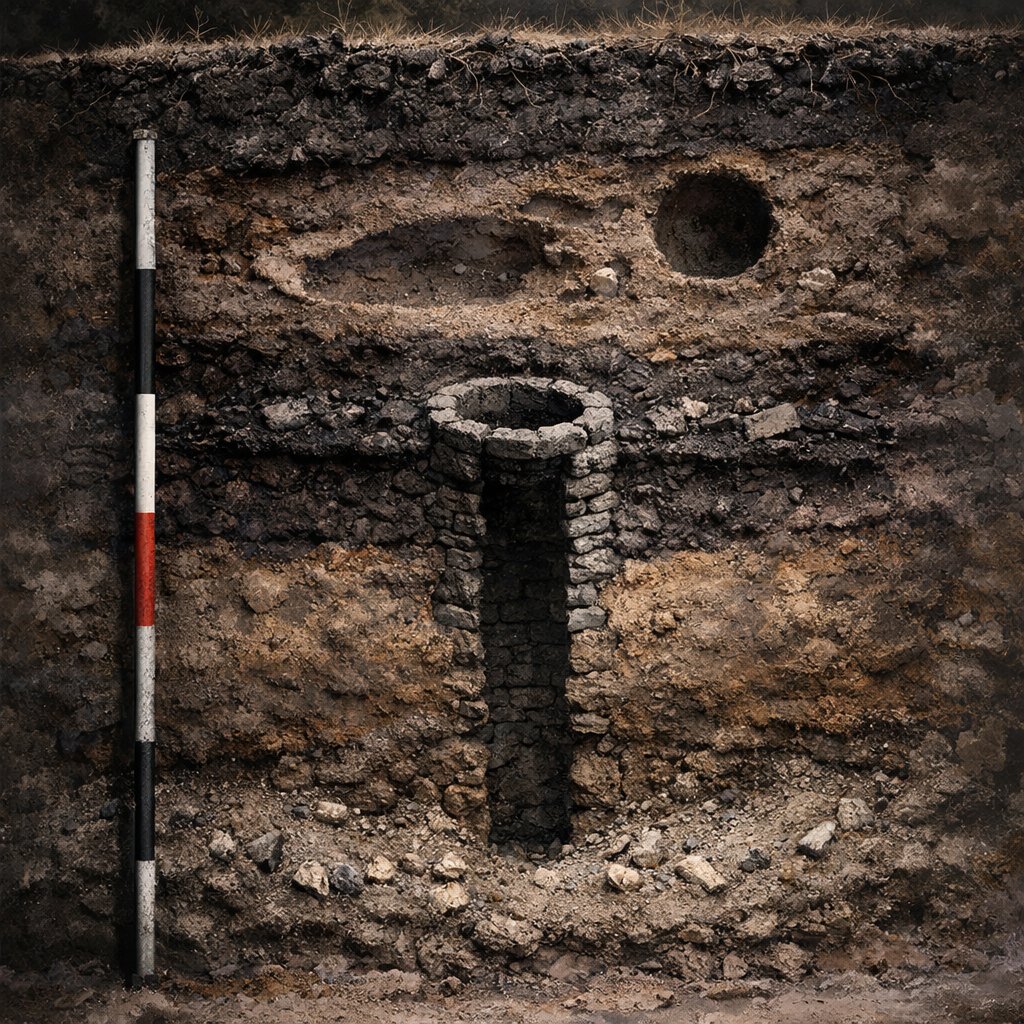 Vertical stratigraphic section of an A46 Newark Bypass trench wall showing Mesolithic, Roman, and Anglo-Saxon layers stacked from base to surface.