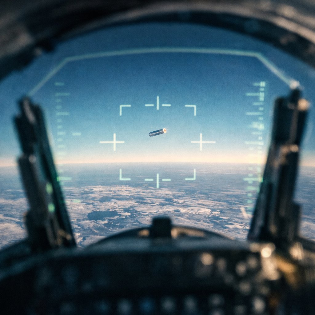 Cockpit perspective from an F-22 Raptor over Arctic ice tracking an unidentified high-altitude cylindrical object during the February 2023 NORAD shoot-down sequence.