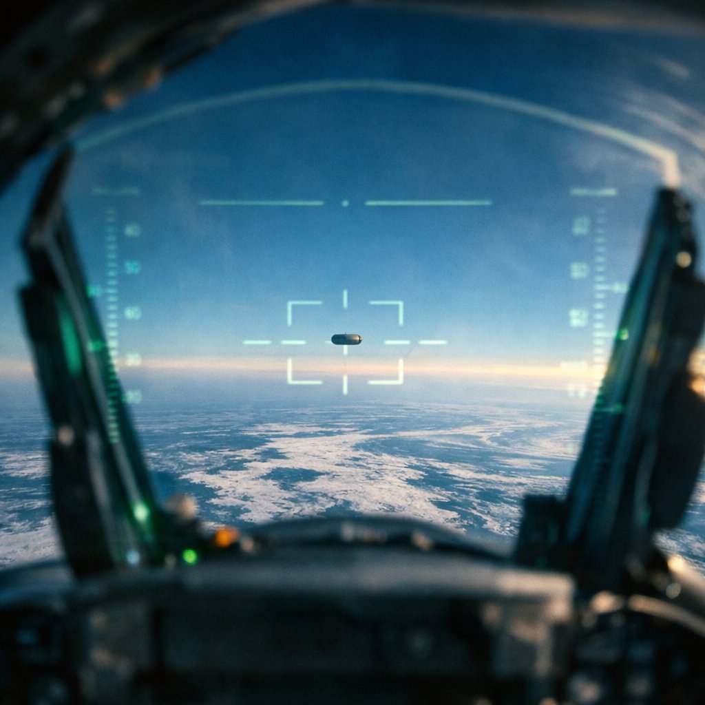 Cockpit perspective from an F-22 Raptor over Arctic ice tracking an unidentified high-altitude cylindrical object during the February 2023 NORAD shoot-down sequence.