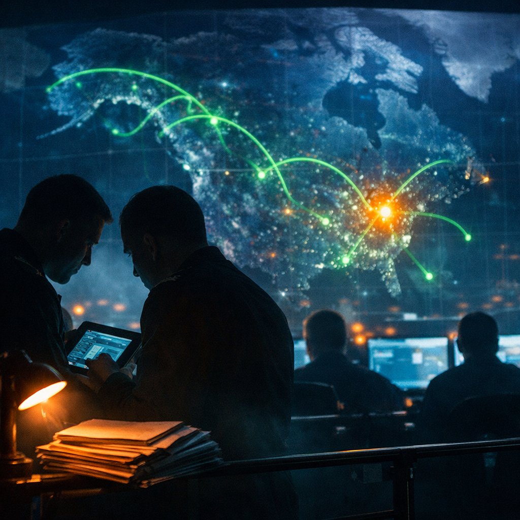 NORAD and USNORTHCOM command-center situation board overlaid with a multi-year UAP and high-altitude intercept track plot across the North American aerospace defense map.