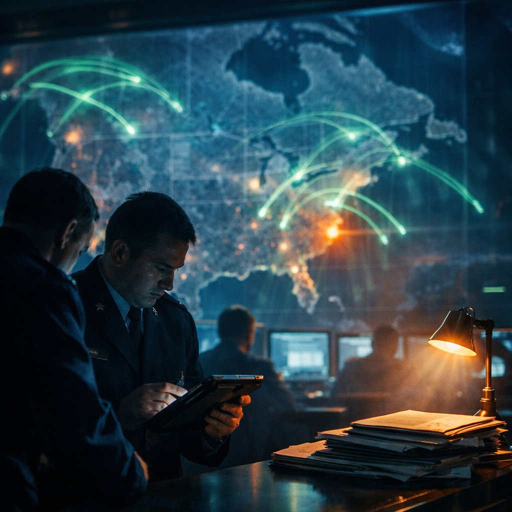NORAD and USNORTHCOM command-center situation board overlaid with a multi-year UAP and high-altitude intercept track plot across the North American aerospace defense map.