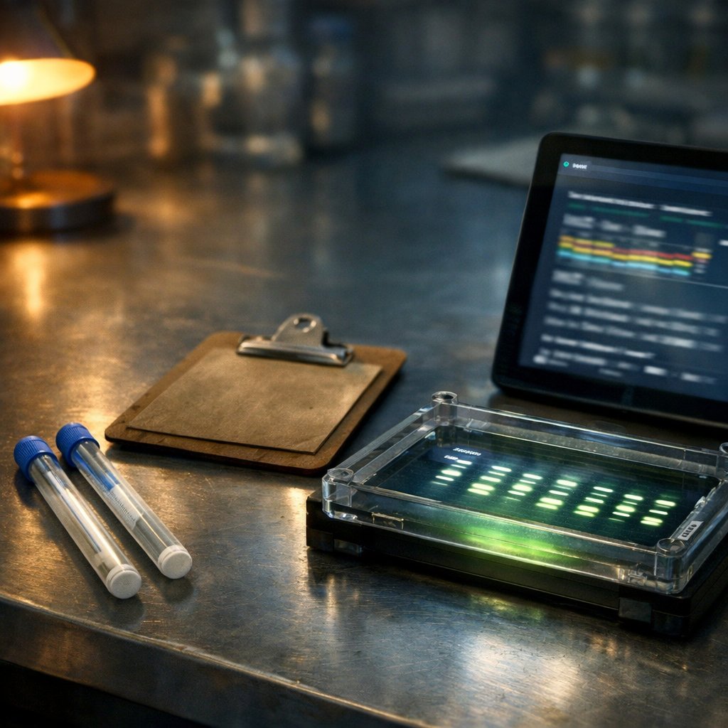 Wildlife-forensic lab bench with sterile DNA swabs, a gel-electrophoresis tray of amplified mitochondrial product, and a tablet displaying a BLAST results window