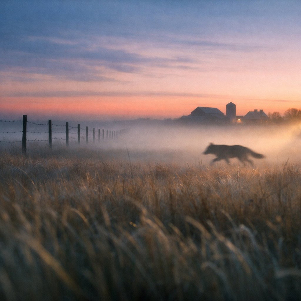Foggy Oklahoma prairie at dawn with a motion-blurred coyote-or-large-dog silhouette crossing the middle distance, illustrating the misidentification candidate