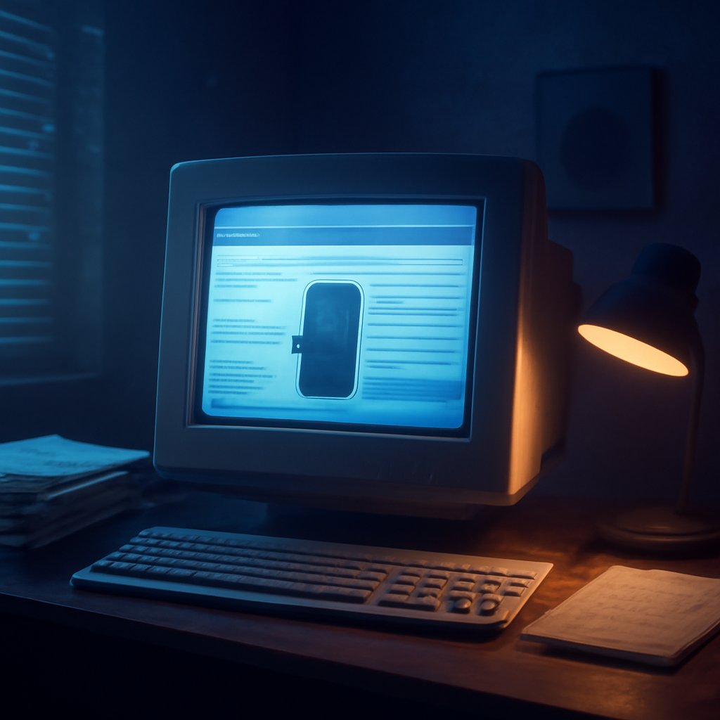 A late-1990s CRT monitor on a cluttered desk displays an early web-database page with a thumbnail of an unmarked black arcade cabinet, evoking the coinop.org patient-zero entry.