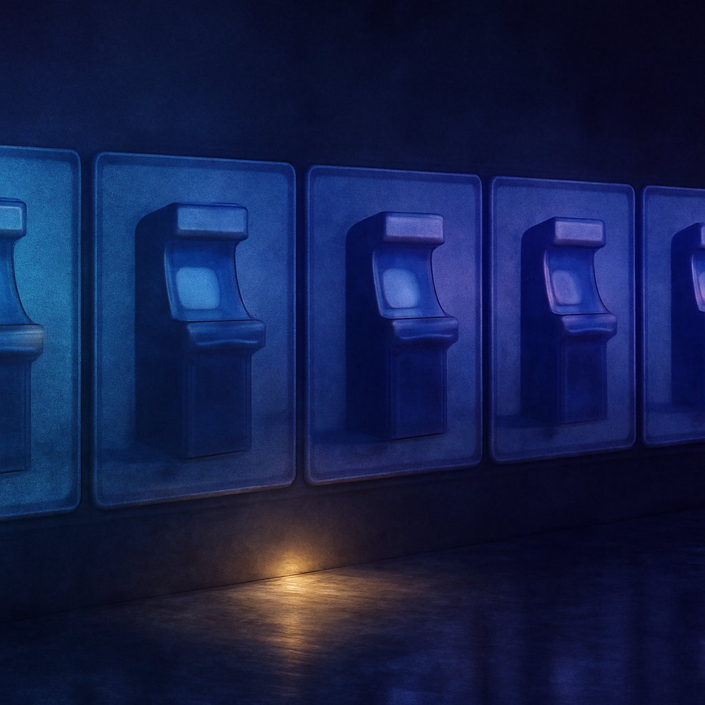 Six luminous panels arranged like browser tabs along a darkened wall, each showing the same black arcade cabinet at a different propagation stage from 2000 to 2017.