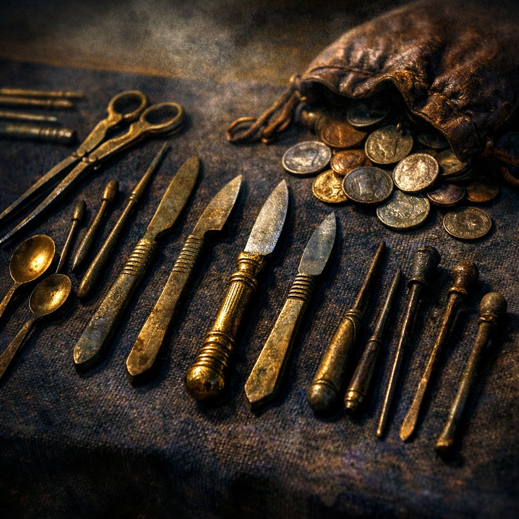 Roman surgical instruments and a small purse of bronze and silver coins arranged on a dark linen museum exhibit table