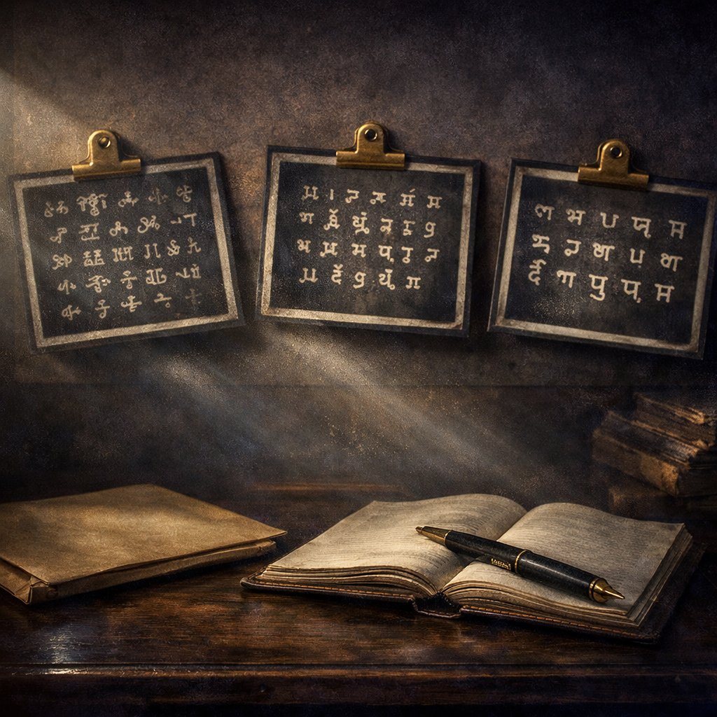 Evidence-board comparison of Rohonc Codex, Cyrillic, and Brahmi script samples pinned above a manila envelope and detective's case notebook under archival lighting.