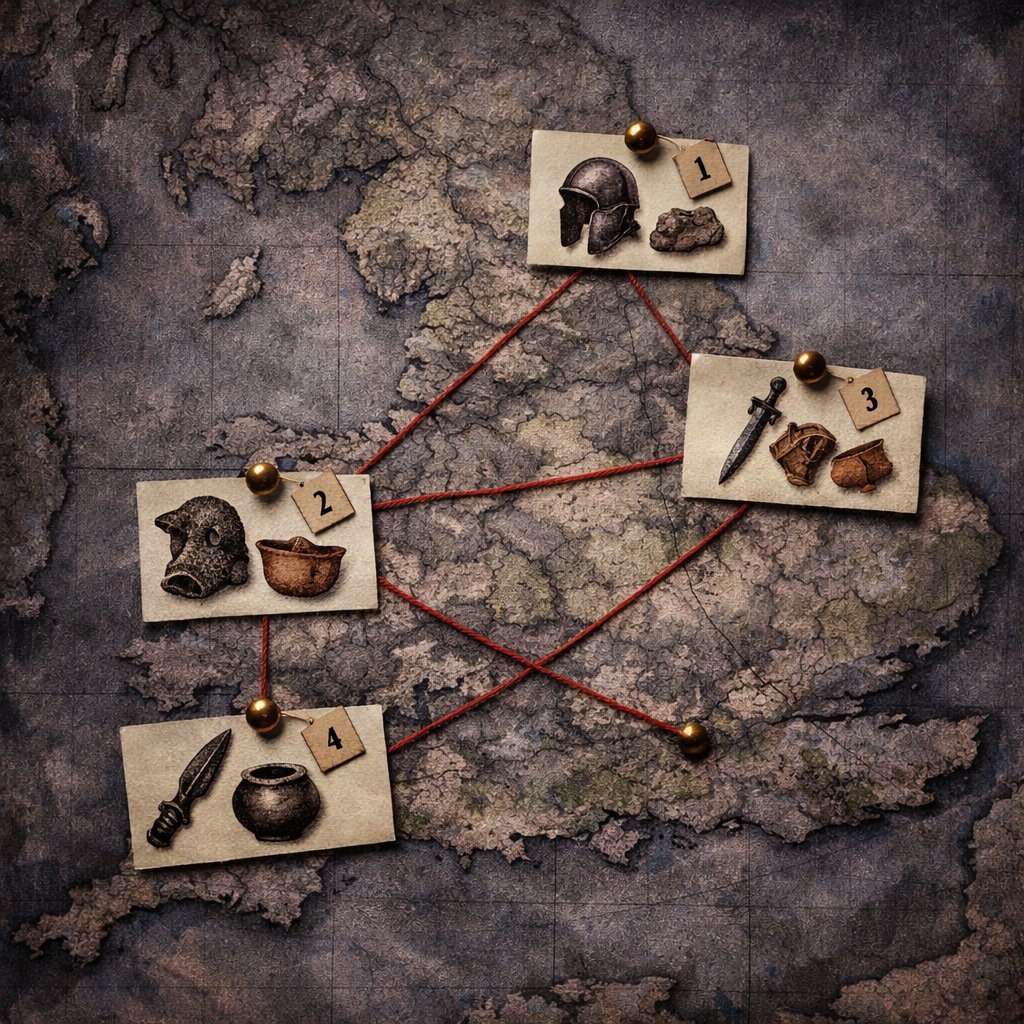 Investigator's desk-style UK map of the four spring 2026 archaeological digs at Newark, HS2 corridor, Vindolanda and South Cadbury, each pinned with numbered manila tags.