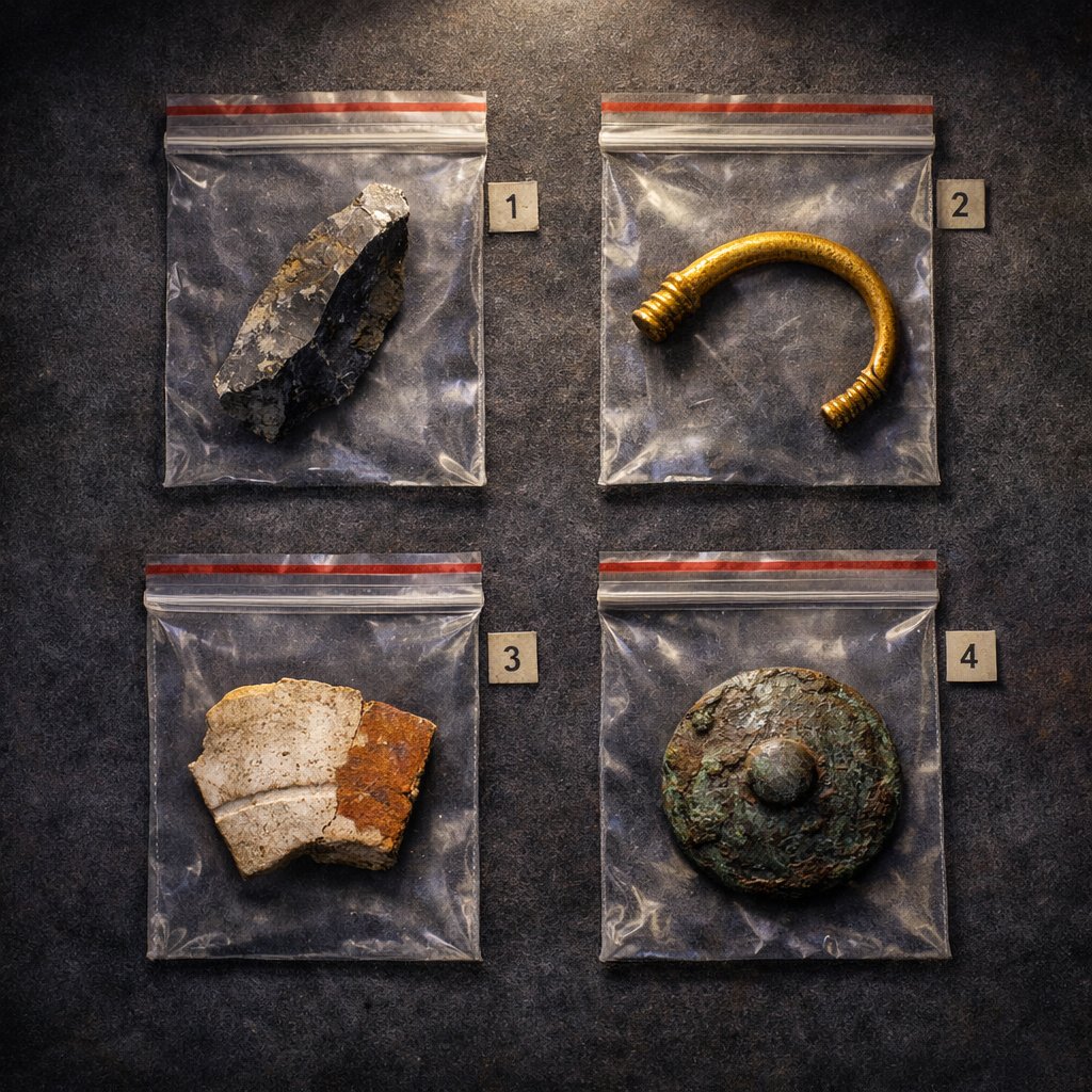 Comparative artefact plate showing one signature find from each of the four 2026 UK digs: Mesolithic flint, Iron Age torc fragment, Roman well-fill sherd, and Anglo-Saxon brooch.