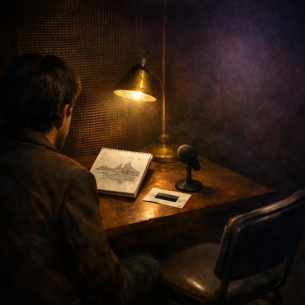 A viewer in a dim SRI Faraday-shielded room sketches on a steno pad beside a face-down coordinate card, lit by a single shaded lamp.