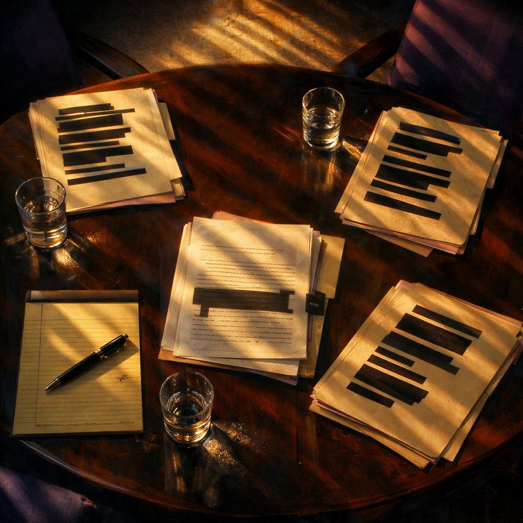 A 1995 institutional conference table with three redaction-barred review folders and a pen across a legal pad under slatted afternoon sunlight.