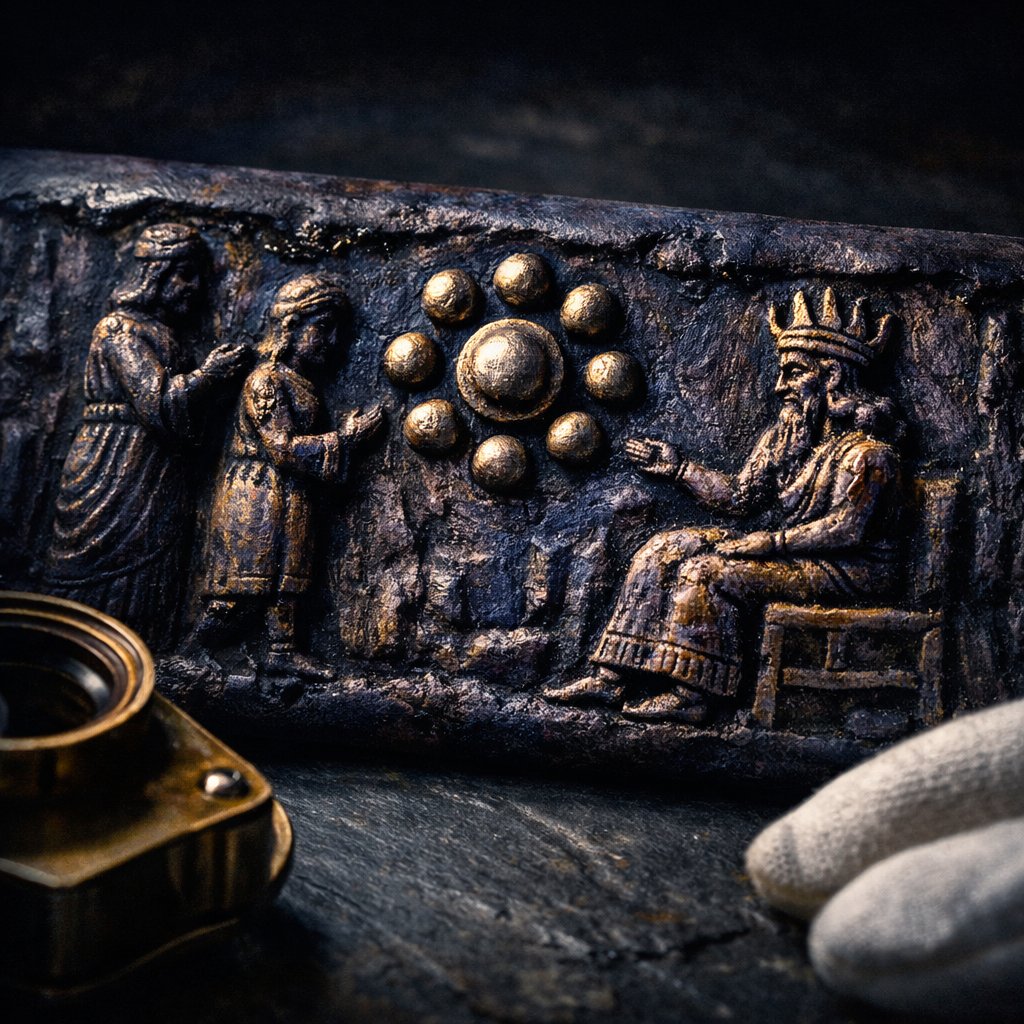 Macro view of the rolled clay impression of cylinder seal VA 243, showing the audience scene and the eight-sphere divine star-rosette emblem in shallow relief