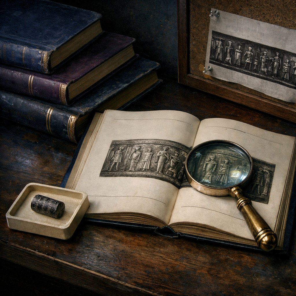 Archival workspace overhead showing the Moortgat 1940 reference volume, a cylinder-seal specimen tray, a pinned rollout photograph of VA 243, and a brass magnifier under cinematic side light
