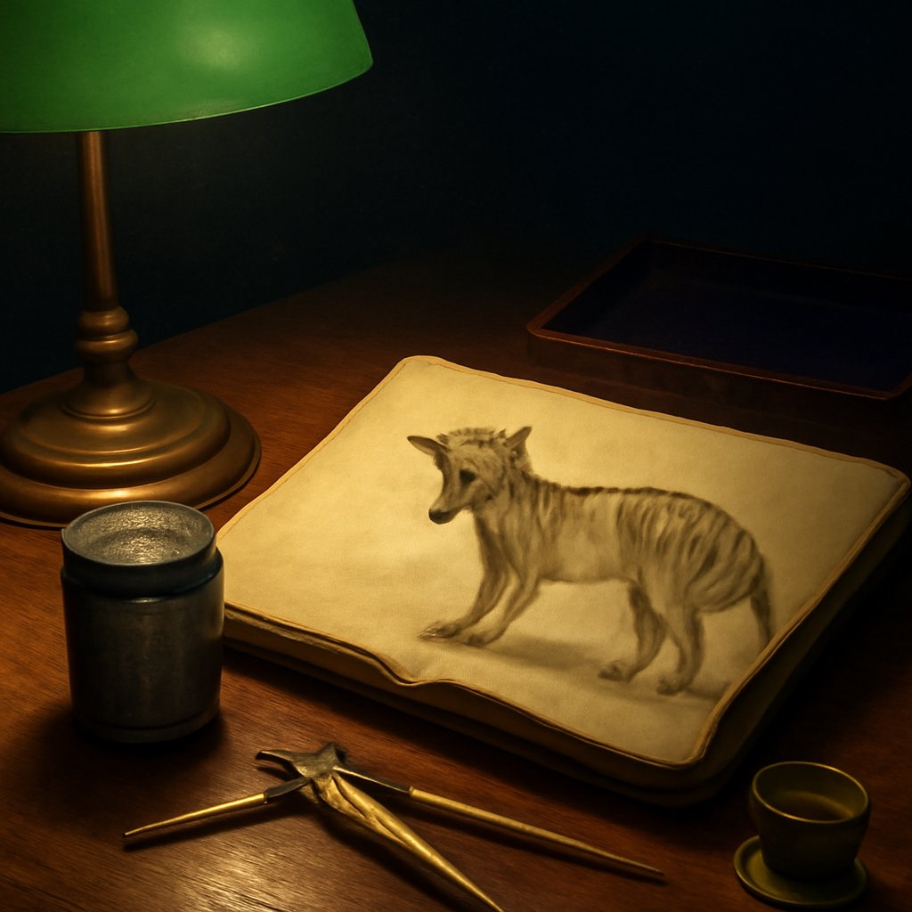 Archival study of a 1930s Tasmanian field zoologist's desk with film canister, leather notebook open to a Thylacine sketch, brass calipers, and a green banker's lamp casting long shadows.
