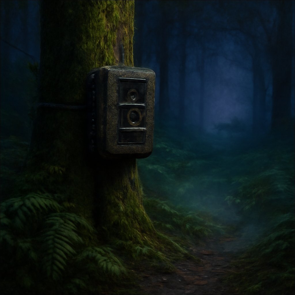 A weathered trail camera mounted on a moss-covered Tarkine rainforest tree at twilight, with mist coiling through ferns and a faint striped silhouette barely visible in the distance.