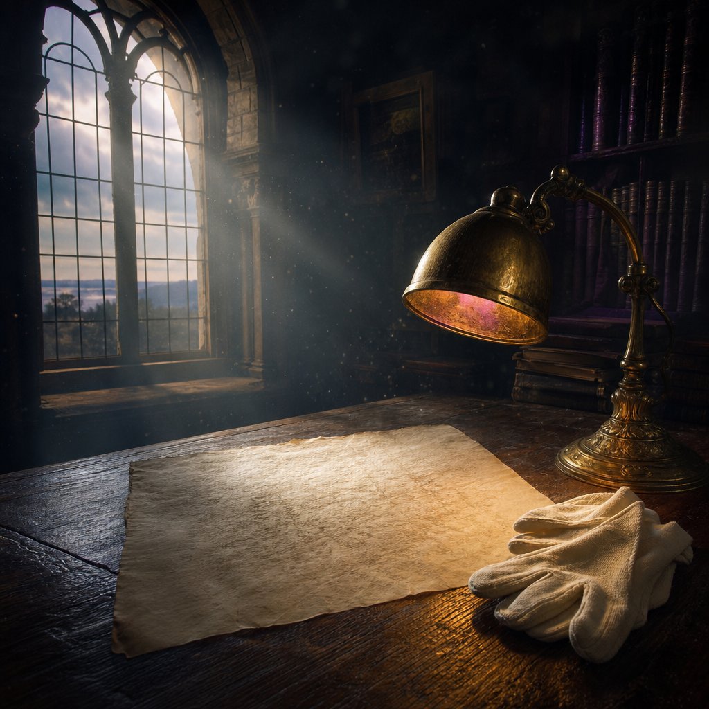 Open medieval manuscript page on an oak library desk under a warm brass lamp with cotton archive gloves and a single shaft of golden window light