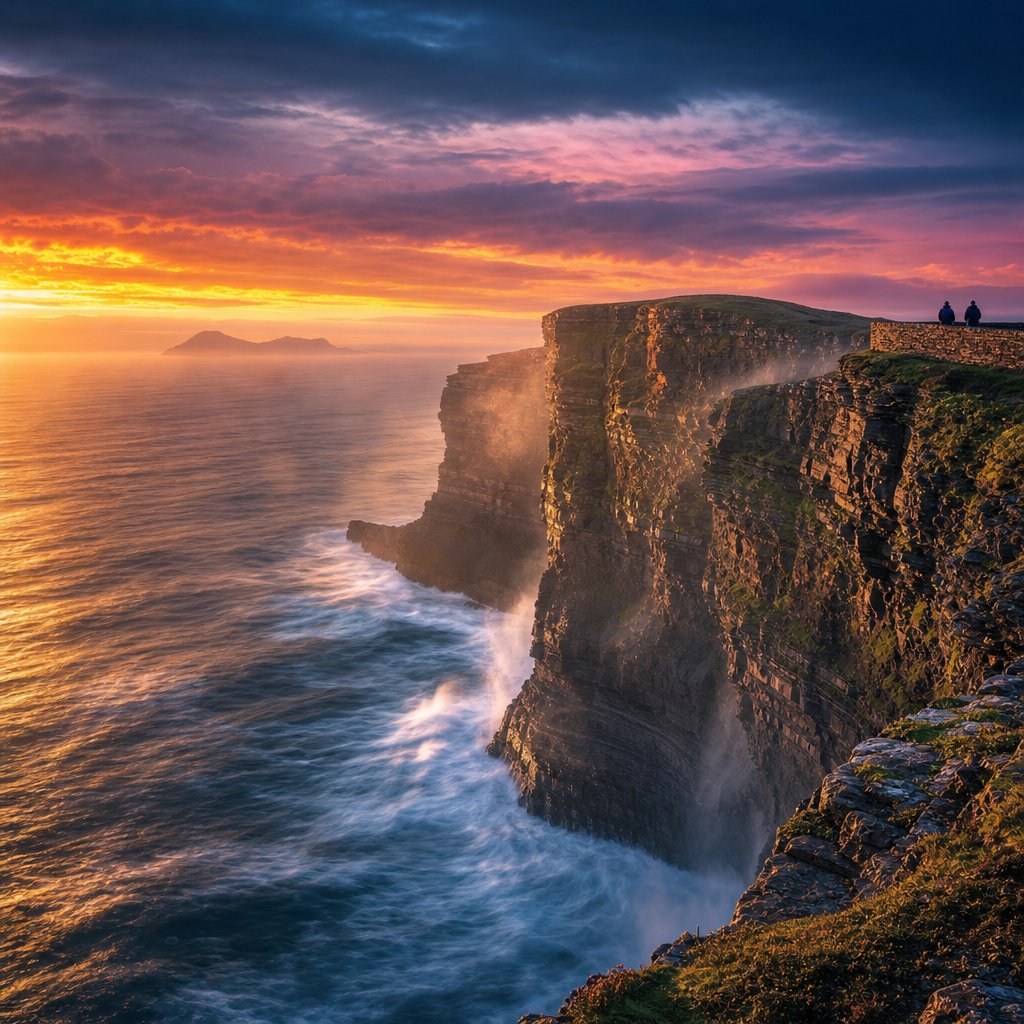 Cliffs of Moher at dusk with a westward Atlantic horizon, golden cloud bar and a faint island silhouette suggesting the Otherworld beyond Ireland