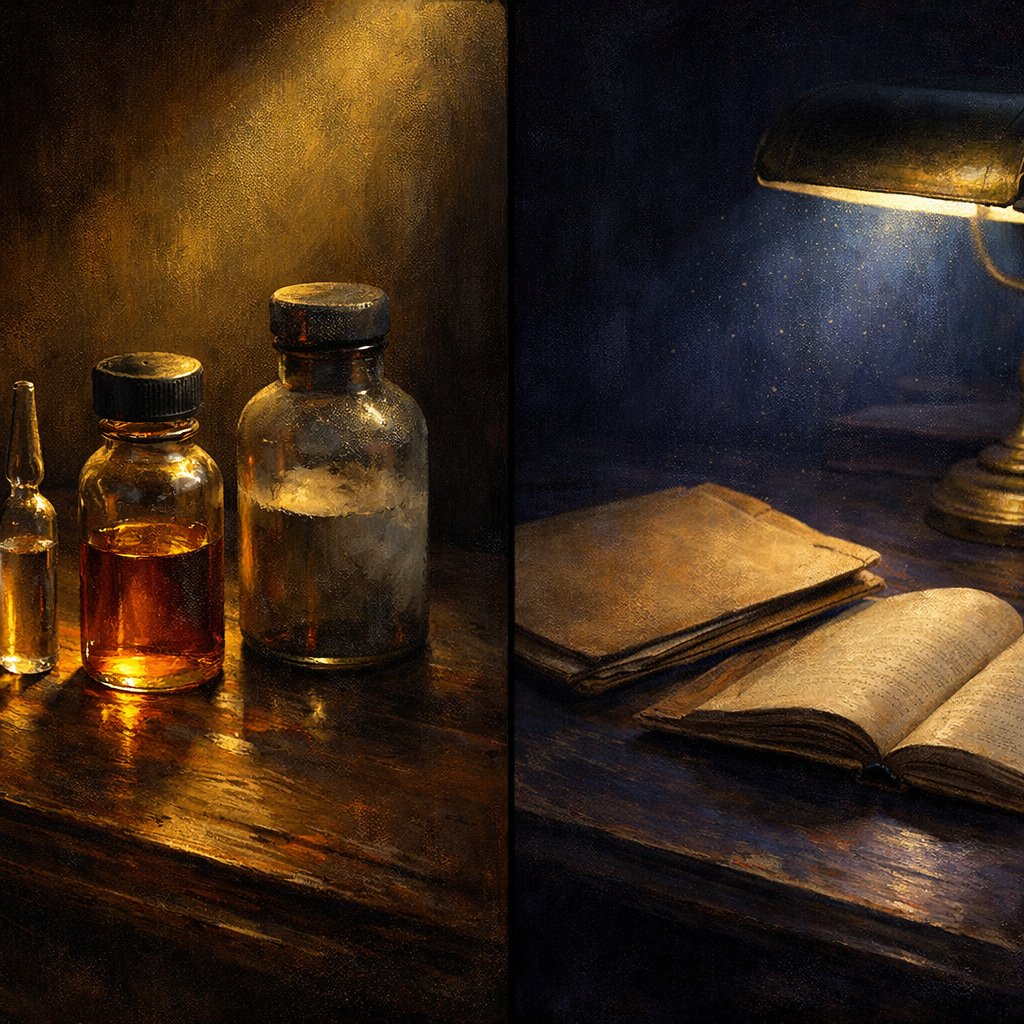 Symbolic diptych contrasting a 1940s penicillin vial with a closed agency ledger under archive reading-room light