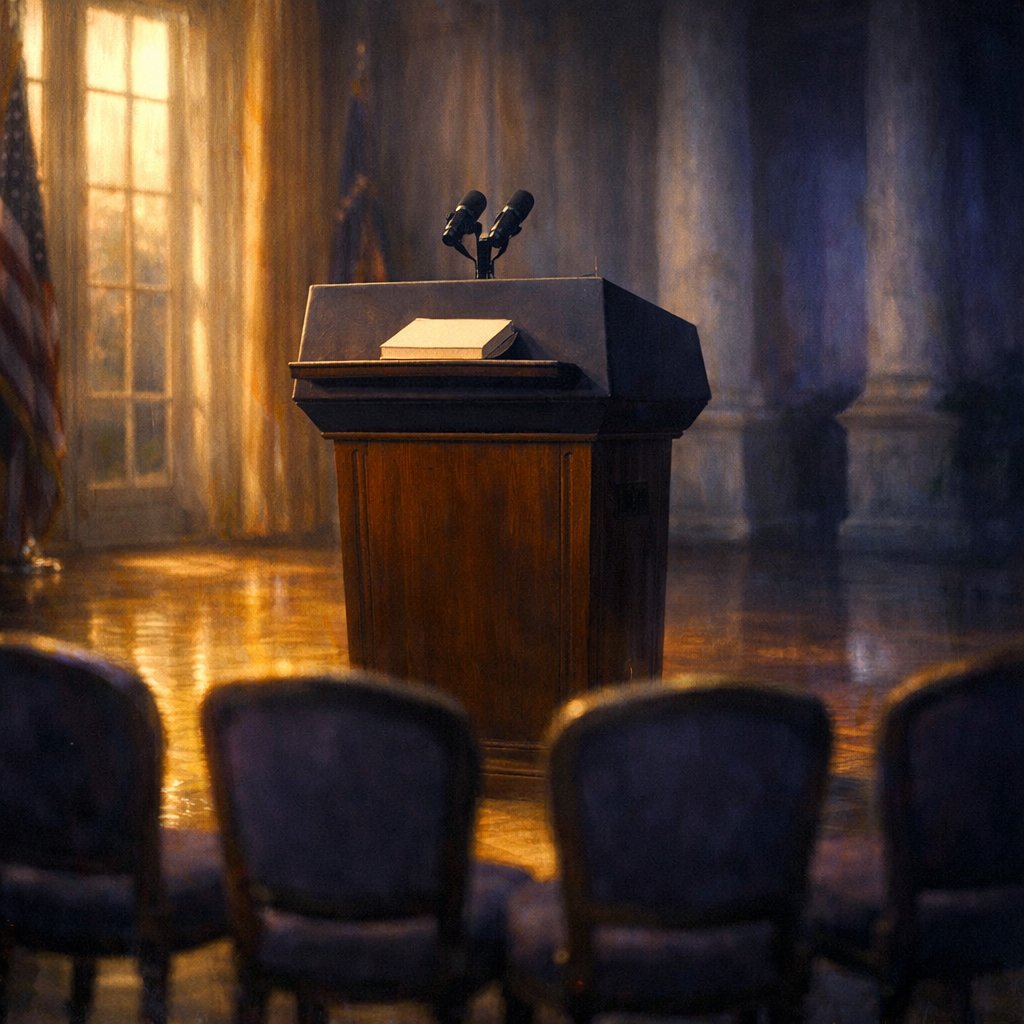 Empty White House East Room podium with five vacant chairs in arc, evoking the 1997 apology