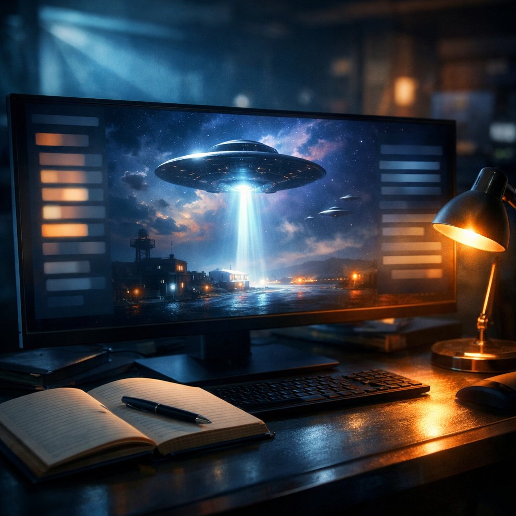 Stylized rendering of the war.gov/ufo portal landing page with batch-listing UI elements visualized as glowing blocks on a newsroom monitor.