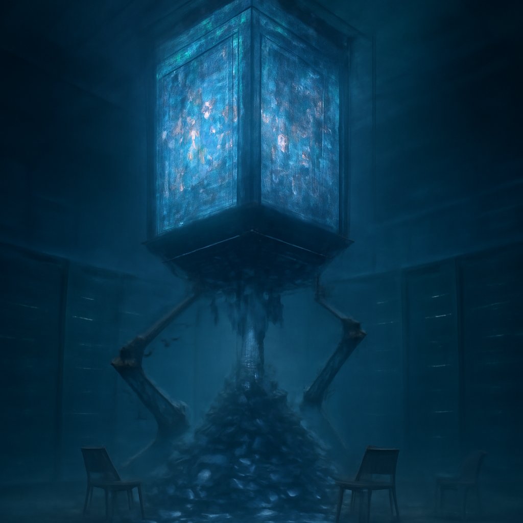 A towering artificial intelligence core behind glass folding endless identical metal forms that bury empty chairs, a frayed control cable dangling out of reach.